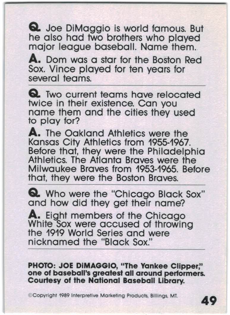 1990 Baseball Wit #49 Joe DiMaggio back image
