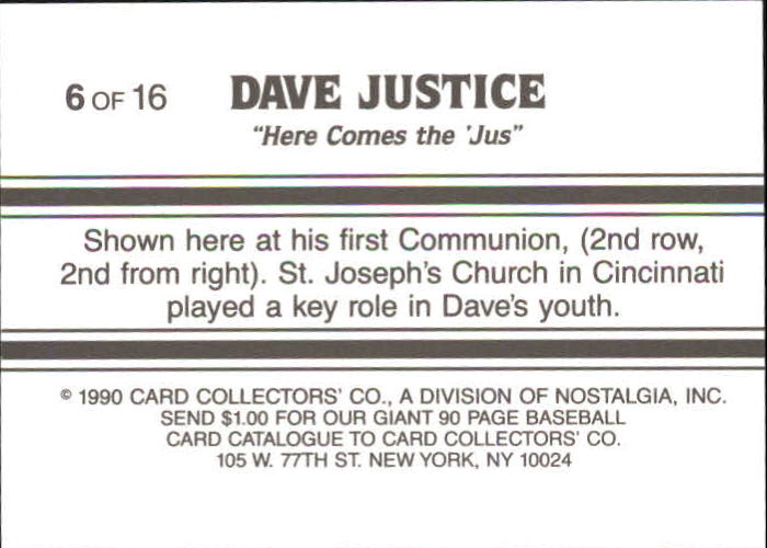 1990 Card Collectors Company Justice Boyhood #6 David Justice/(First Communion) back image