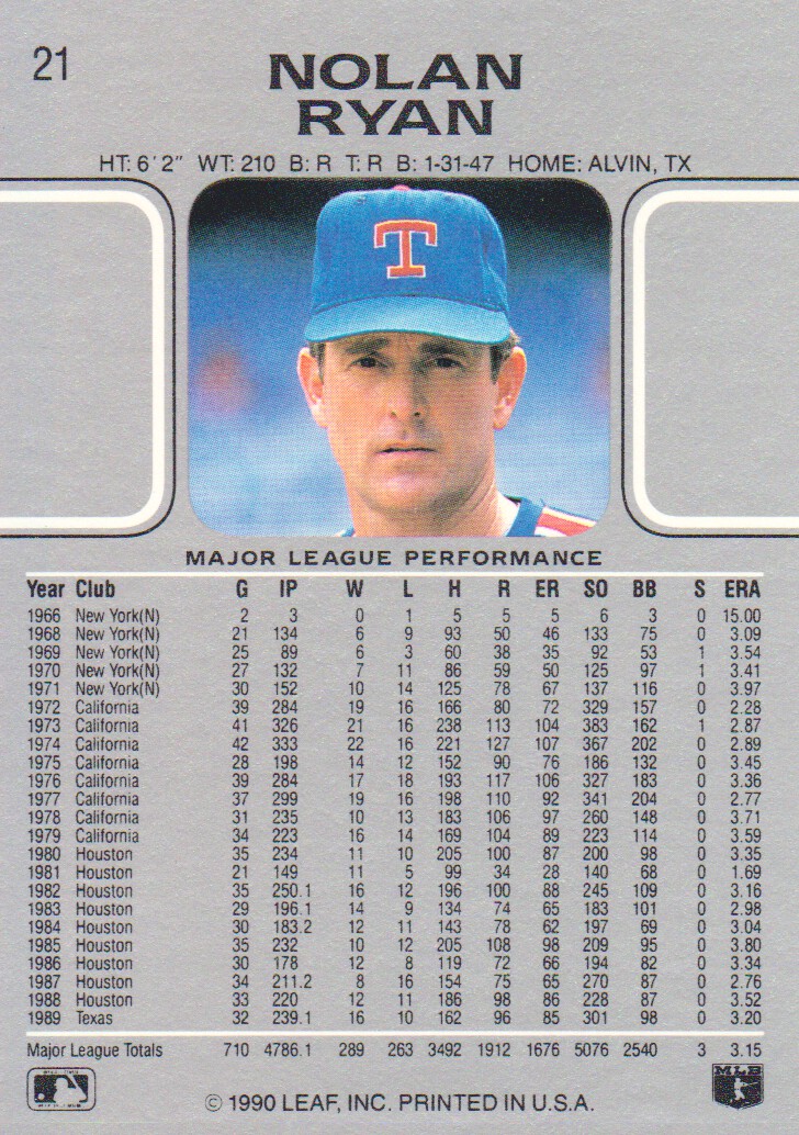 1990 Leaf #21 Nolan Ryan - NM-MT