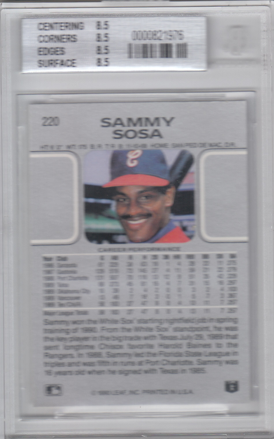 1990 Leaf #220 Sammy Sosa RC back image