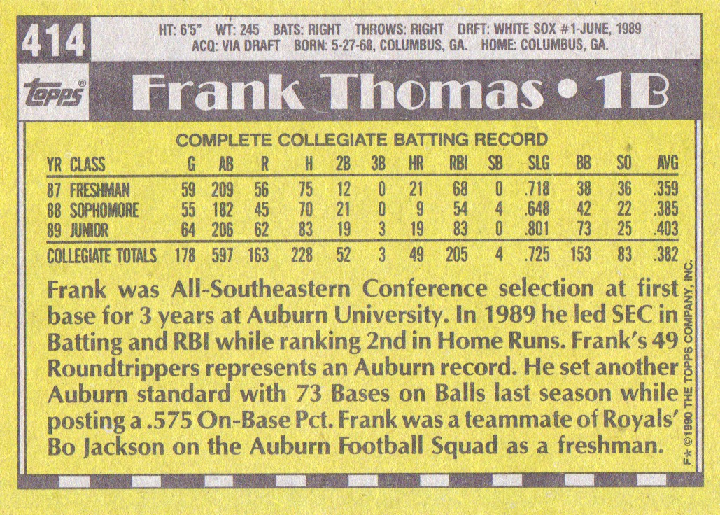 1990 Topps #414B Frank Thomas RC back image