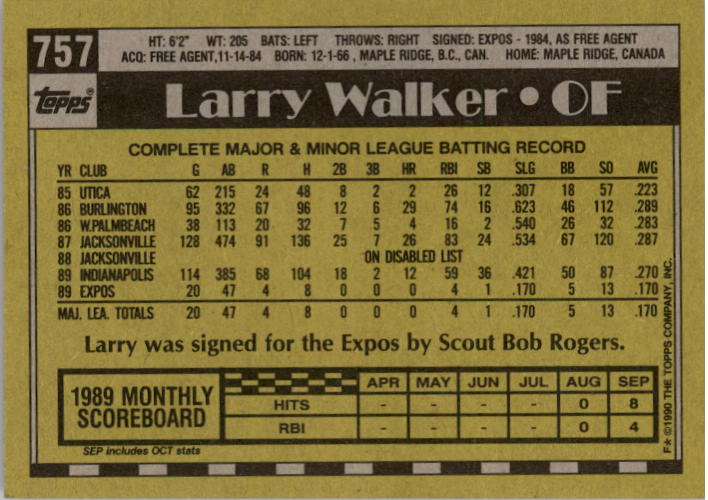 1990 Topps #757 Larry Walker RC back image