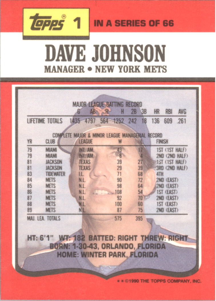1990 Mets Topps TV #1 Dave Johnson MG back image