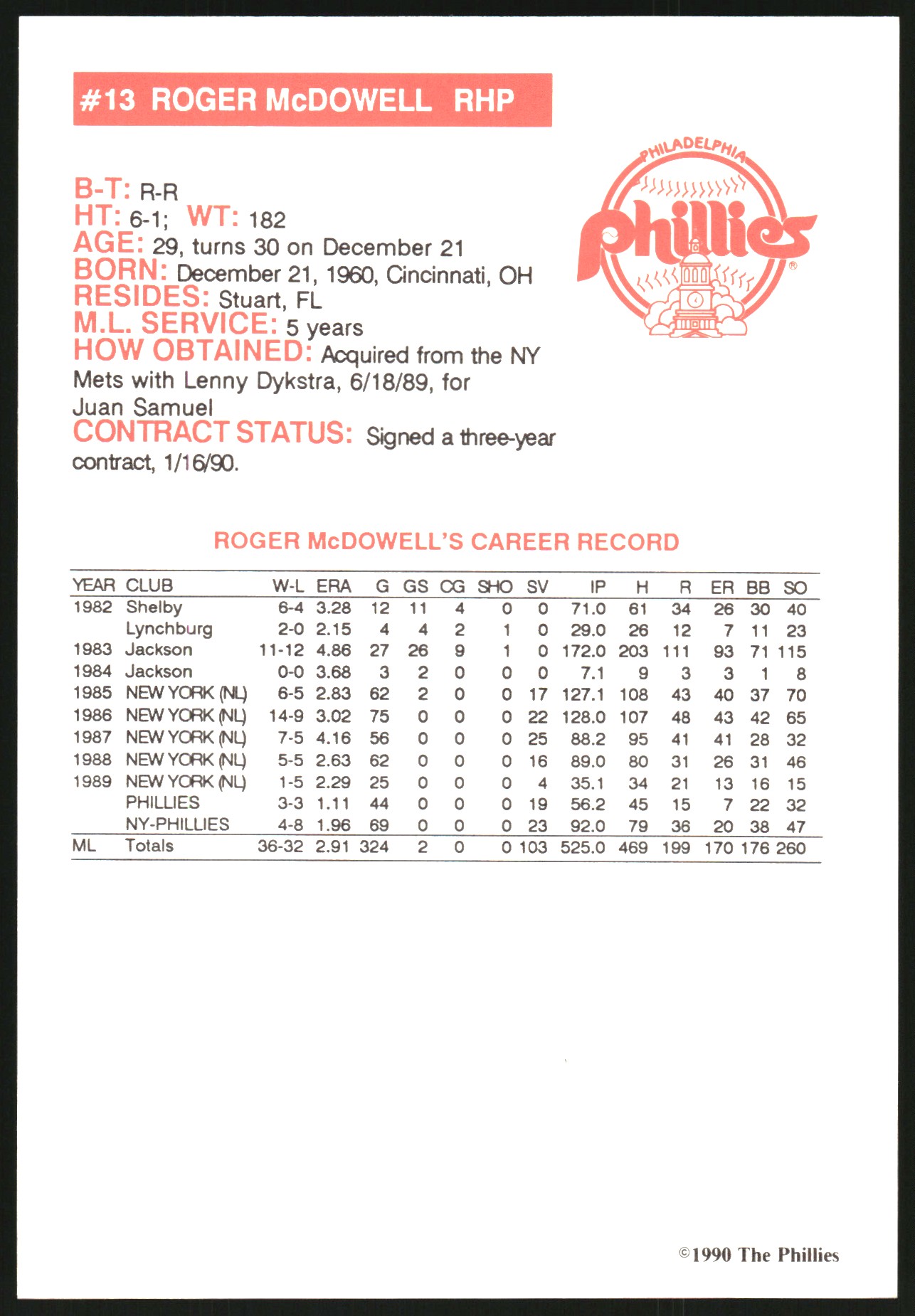 1990 Phillies Tastykake #22 Roger McDowell - . Oversized. - NM-MT