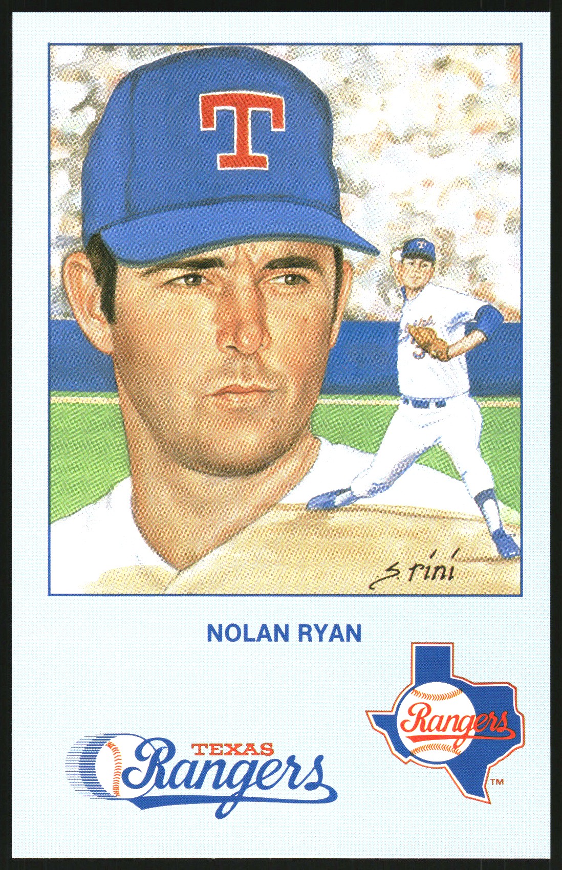 1990 Rini Postcards Ryan 1 #7 Nolan Ryan/(Portrait on the left,/pitching for t