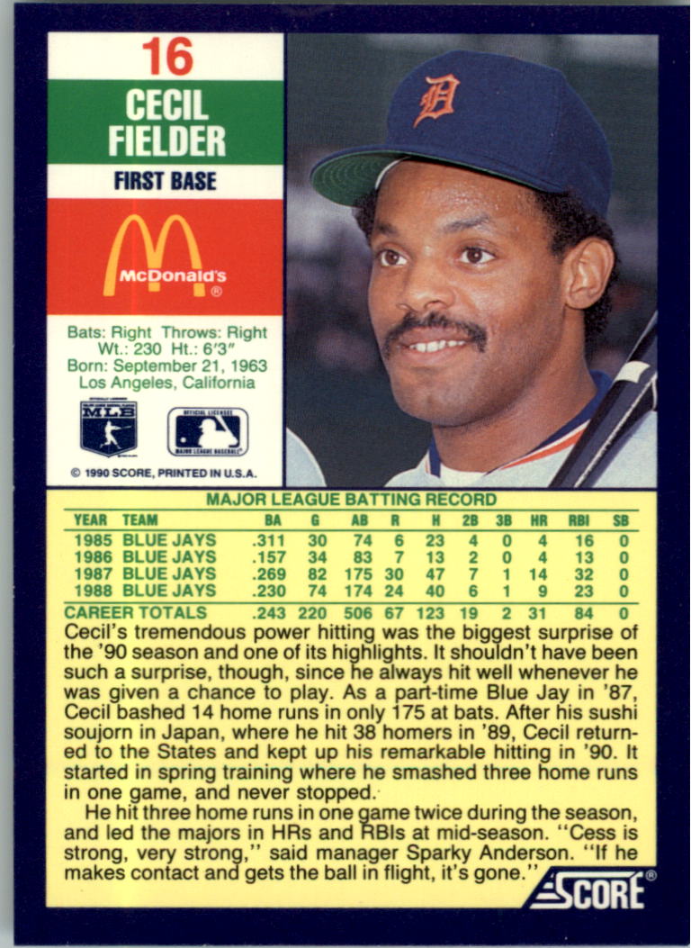 1990 Score McDonald's #16 Cecil Fielder back image