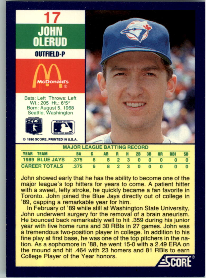1990 Score McDonald's #17 John Olerud back image