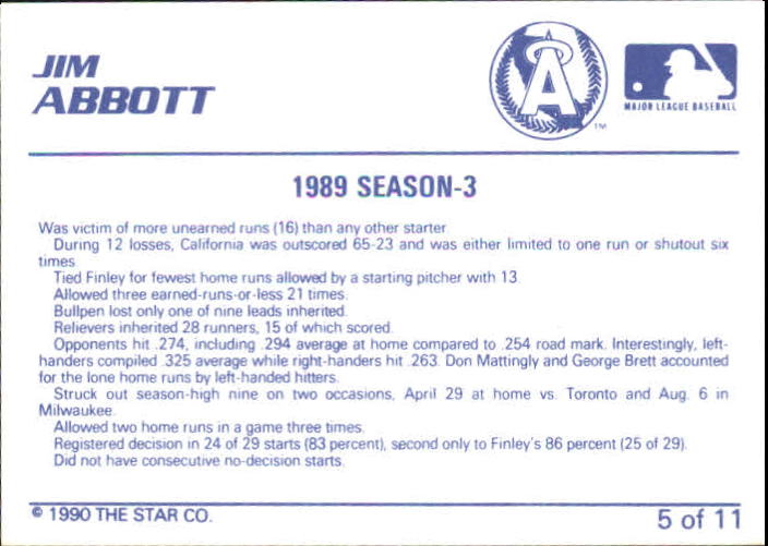 1990 Star Abbott #5 Jim Abbott/1989 Season - 3 back image