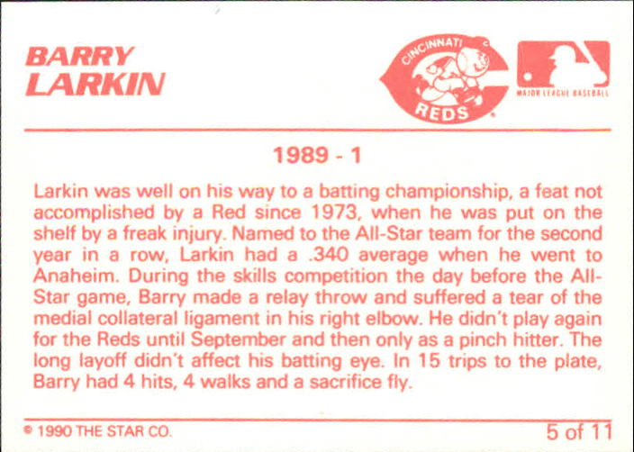 1990 Star Barry Larkin #5 Barry Larkin/1989 - 1 - NM-MT