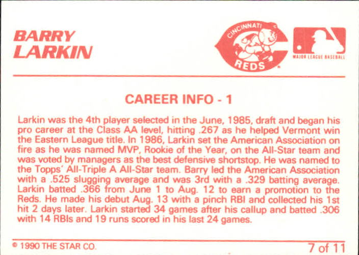 1990 Star Barry Larkin #7 Barry Larkin/Career Info - 1 back image