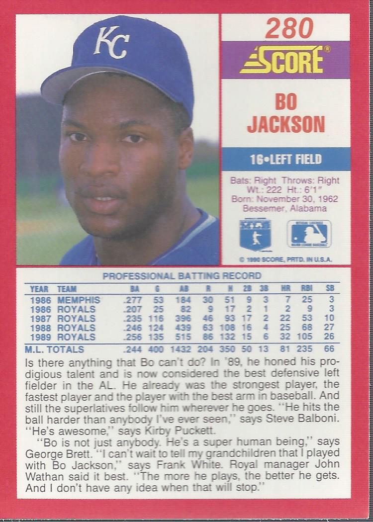 1990 Score #280B Bo Jackson COR/Wathan back image