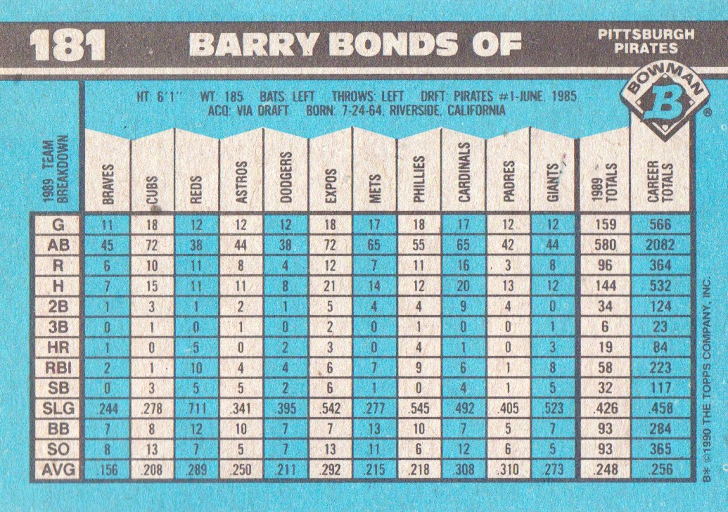 1990 Bowman #181 Barry Bonds back image