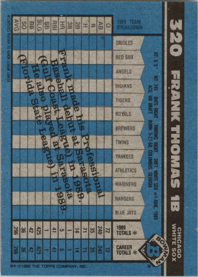 Frank Thomas UER/'89 Sarasota stats/15 games 188 AB '91 Score #840 Chicago  White