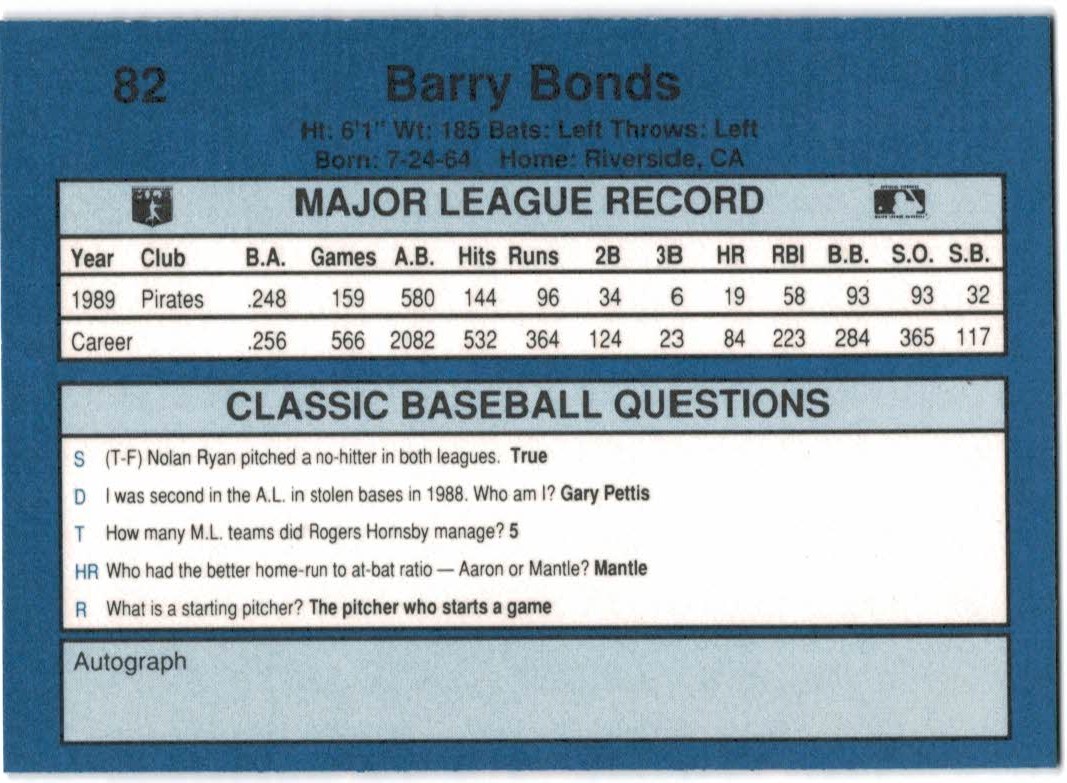 1990 Classic Blue #82 Barry Bonds back image