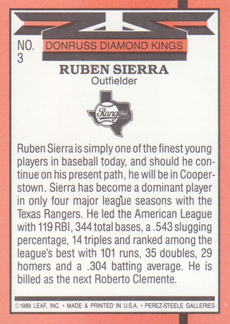 1990 Donruss #3B Ruben Sierra DK COR back image