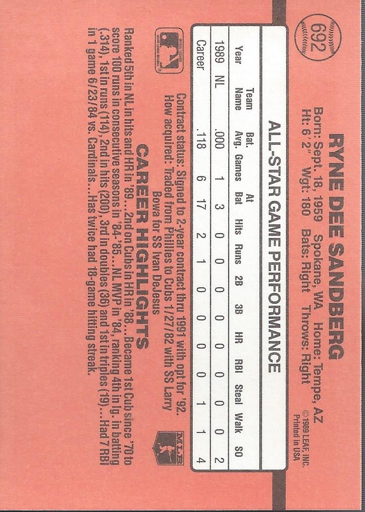 1990 Donruss #692B Ryne Sandberg AS/All-Star Game/Performance back image