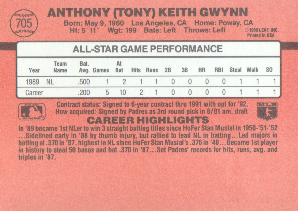 1990 Donruss #705 Tony Gwynn AS/All-Star Game/Performance back image