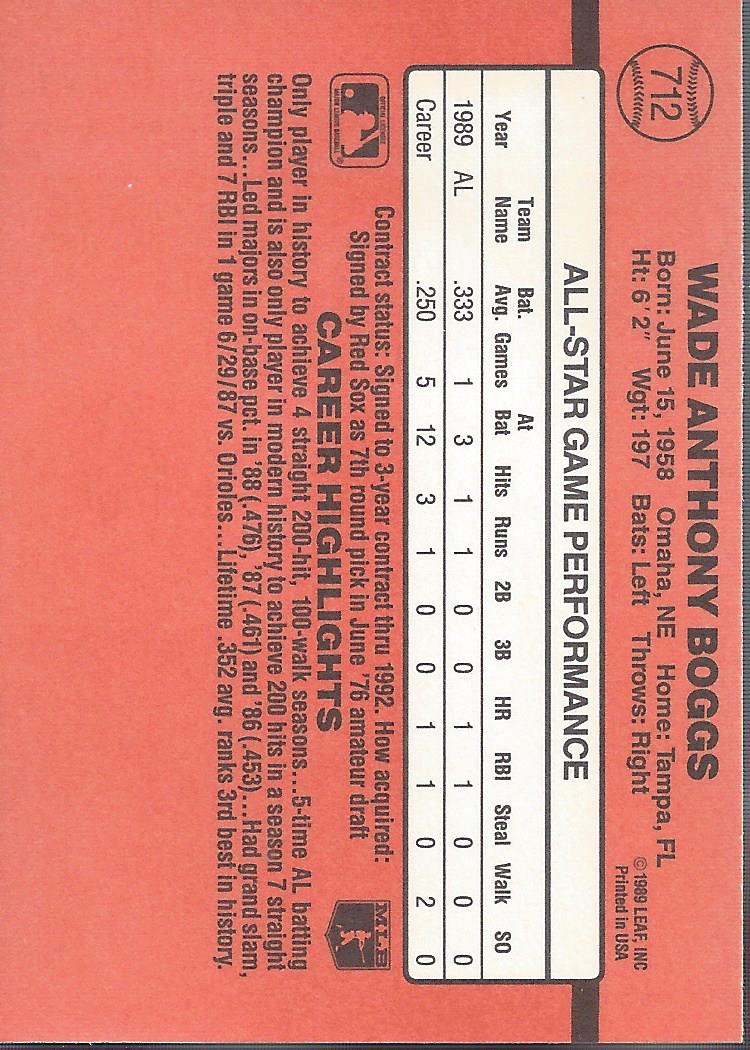 1990 Donruss #712B Wade Boggs AS/All-Star Game/Performance back image