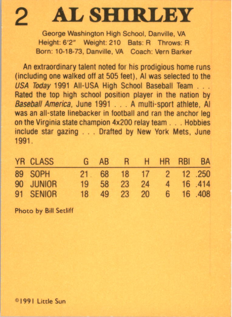 1991 Little Sun High School Prospects Gold #2 Al Shirley back image