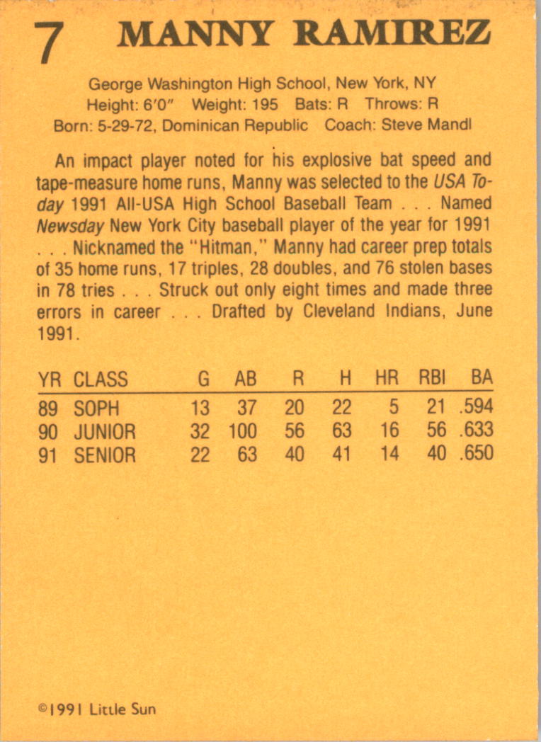 1991 Little Sun High School Prospects Gold #7 Manny Ramirez back image