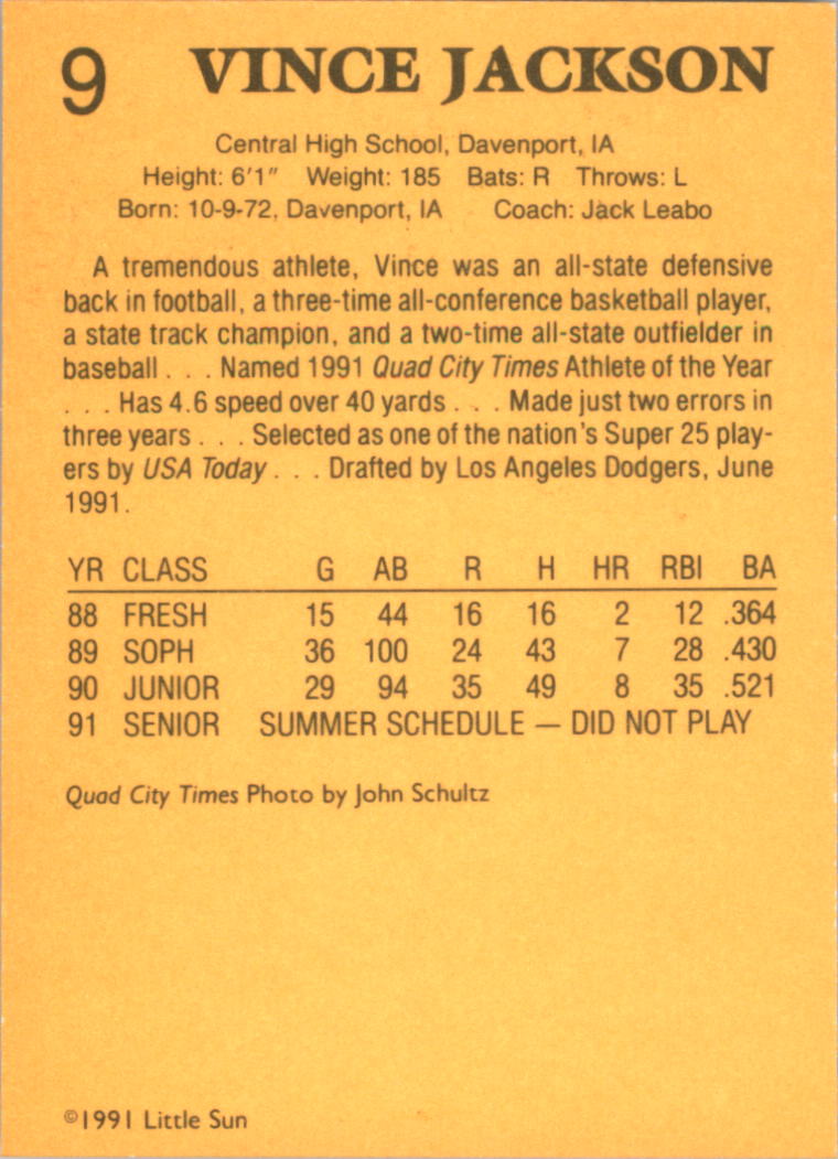 1991 Little Sun High School Prospects Gold #9 Vince Jackson back image