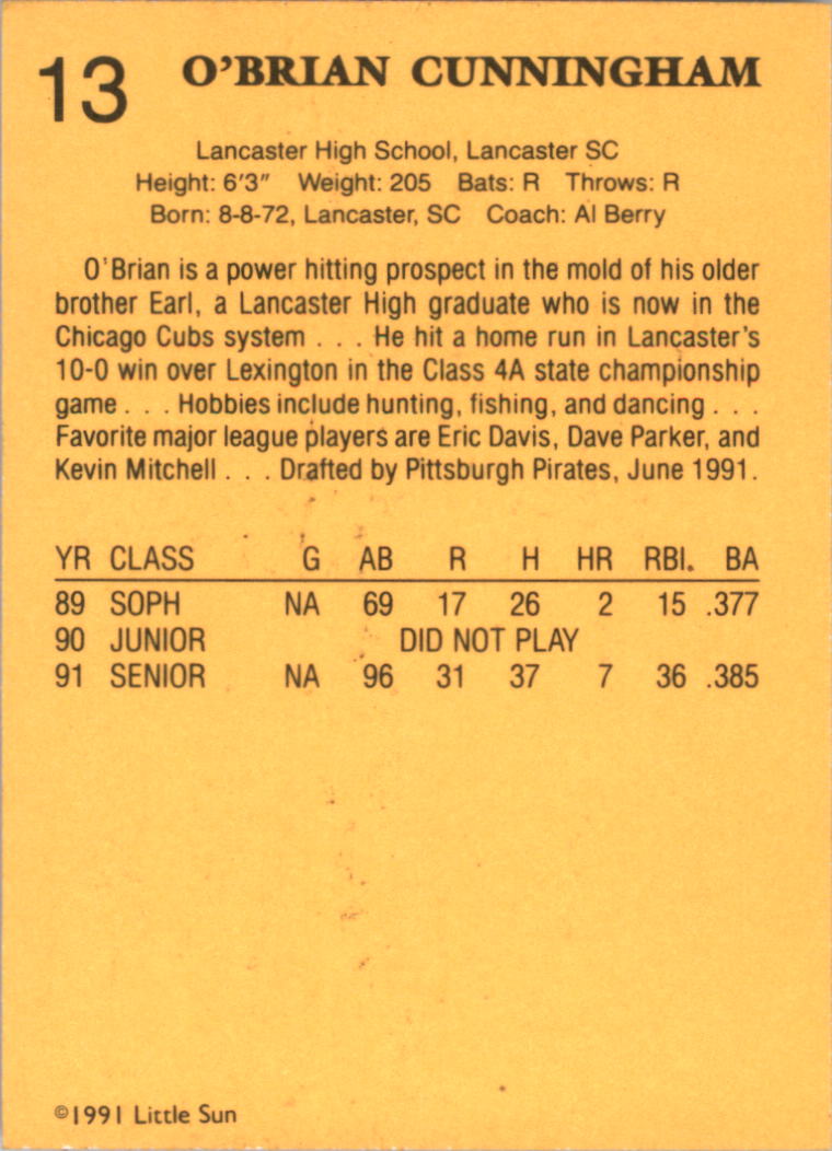1991 Little Sun High School Prospects Gold #13 O'Brian Cunningham back image