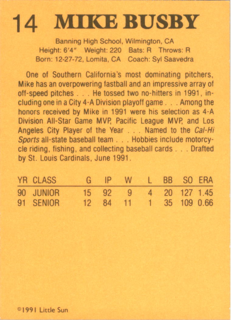 1991 Little Sun High School Prospects Gold #14 Mike Busby back image