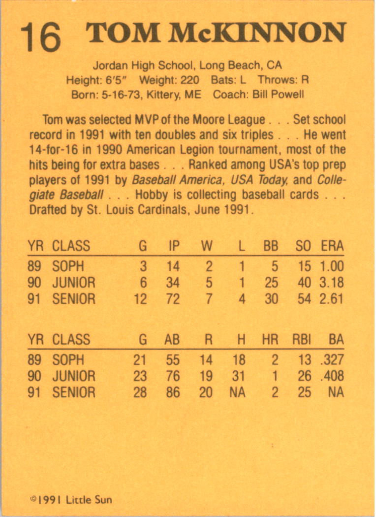 1991 Little Sun High School Prospects Gold #16 Tom McKinnon back image