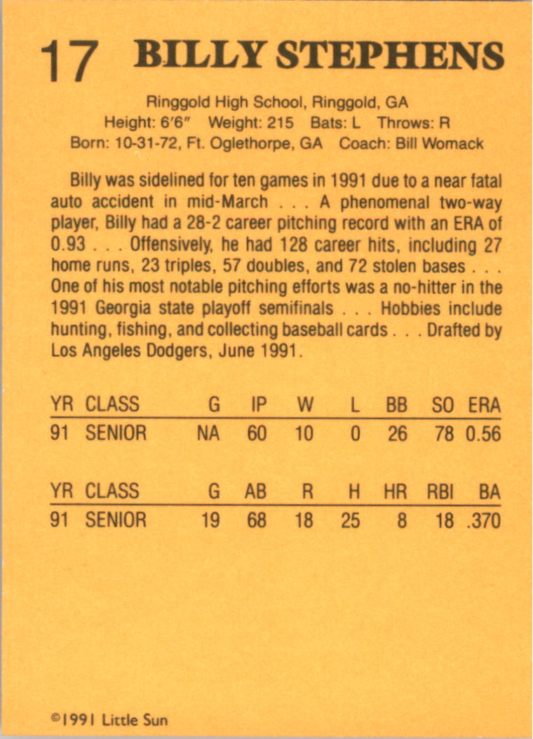 1991 Little Sun High School Prospects Gold #17 Billy Stephens back image