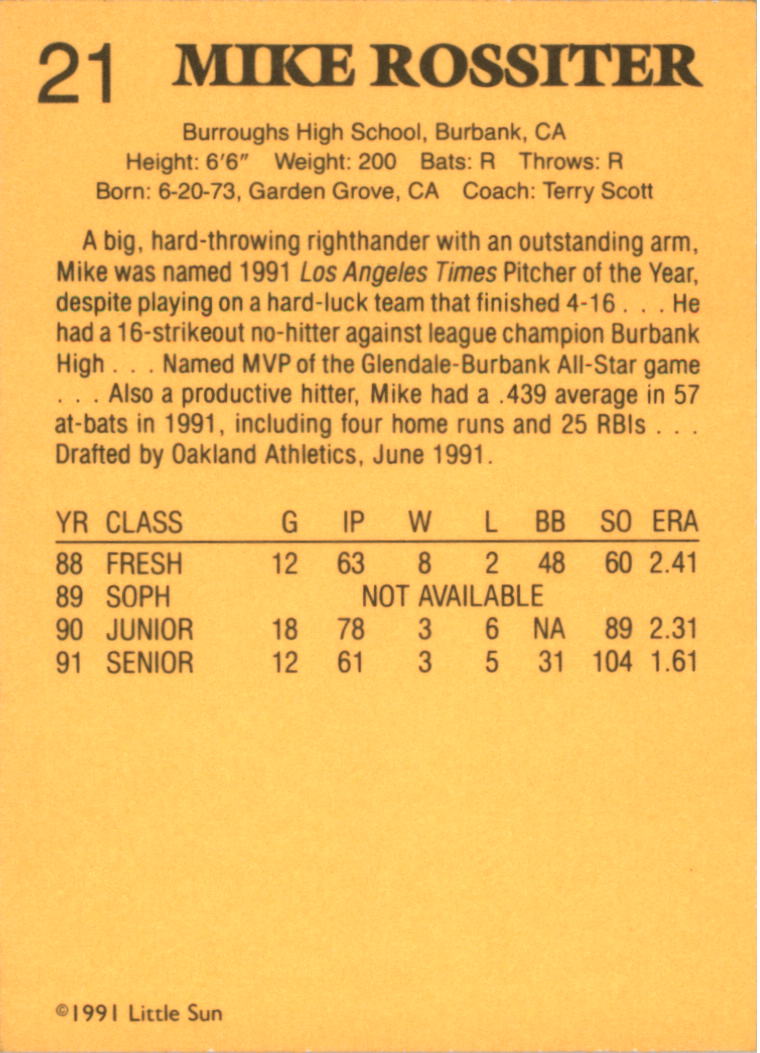 1991 Little Sun High School Prospects Gold #21 Mike Rossiter back image