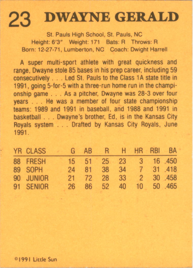 1991 Little Sun High School Prospects Gold #23 Dwayne Gerald back image