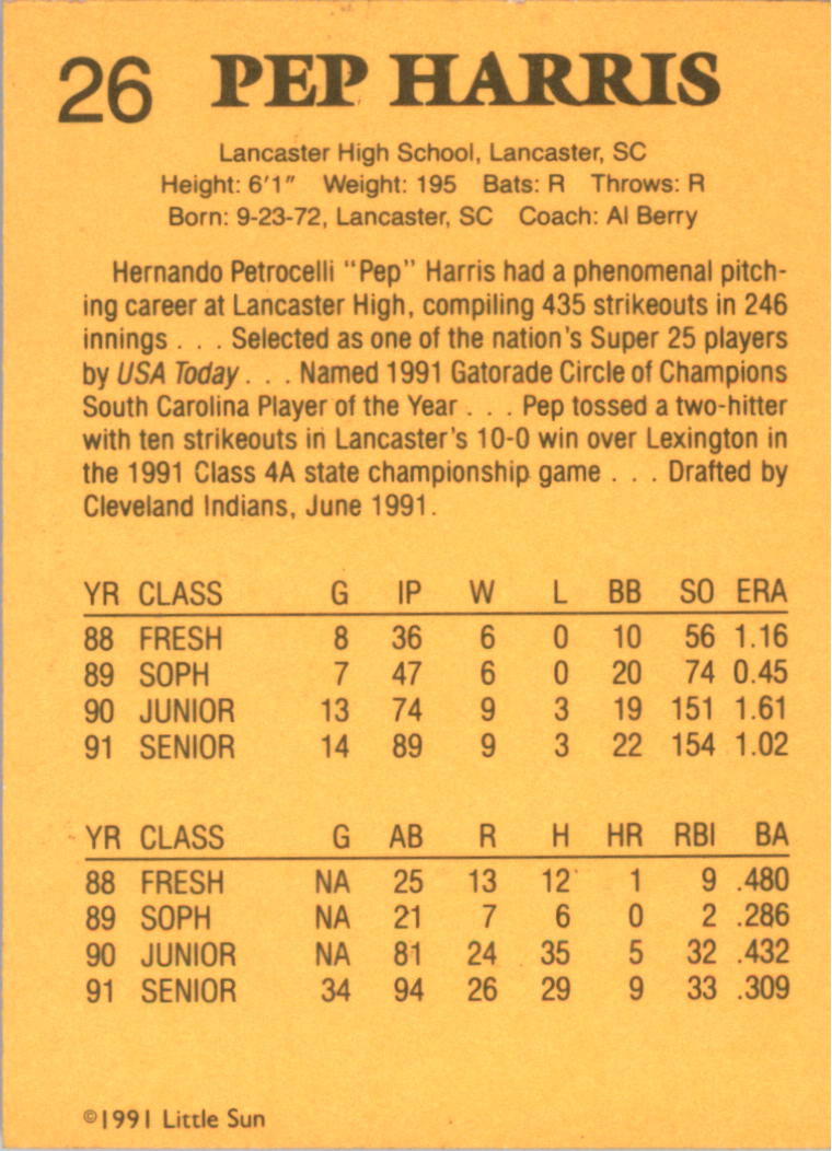 1991 Little Sun High School Prospects Gold #26 Pep Harris back image