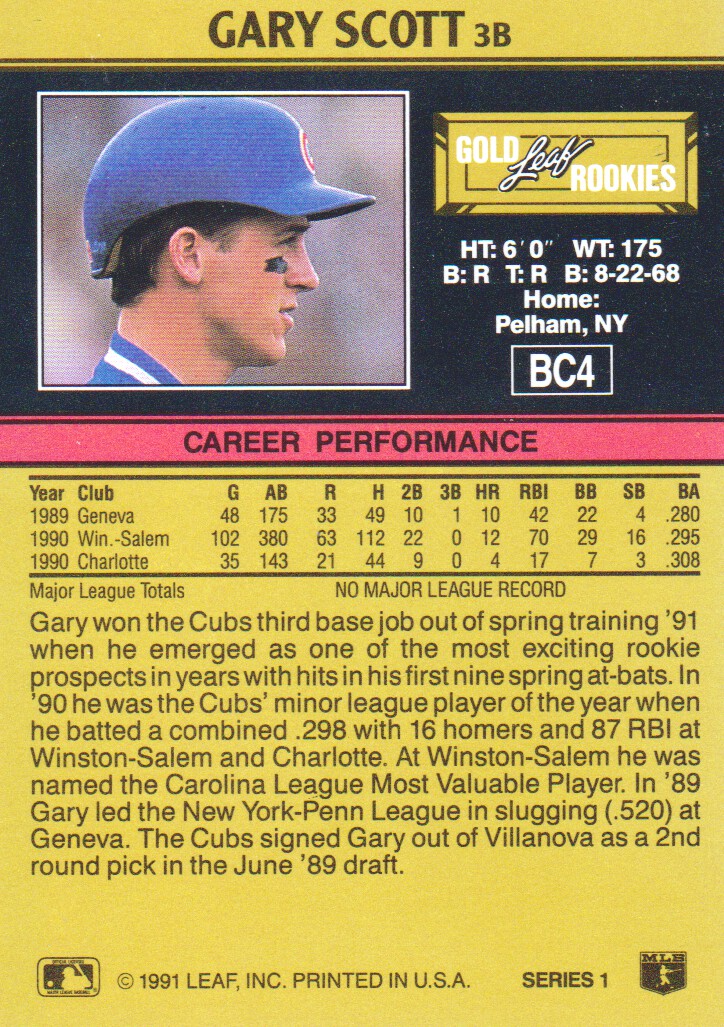 1991 Leaf Gold Rookies #BC4 Gary Scott back image