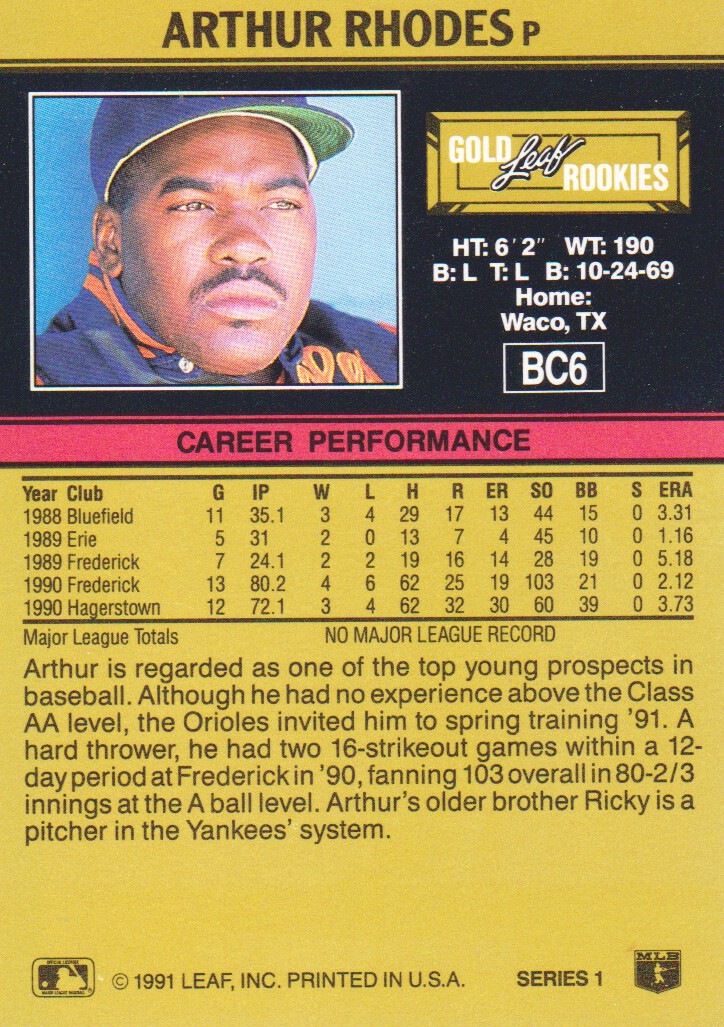 1991 Leaf Gold Rookies #BC6 Arthur Rhodes back image