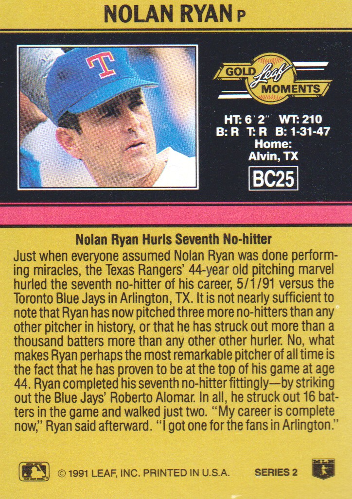 1991 Leaf Gold Rookies #BC25 Nolan Ryan DP back image