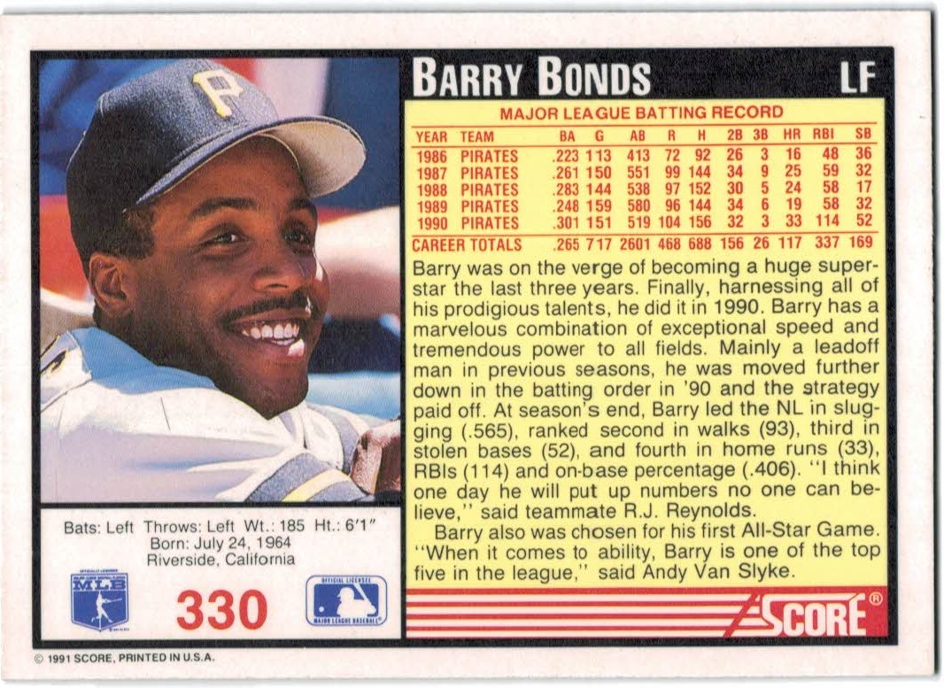 1991 Score #330 Barry Bonds back image