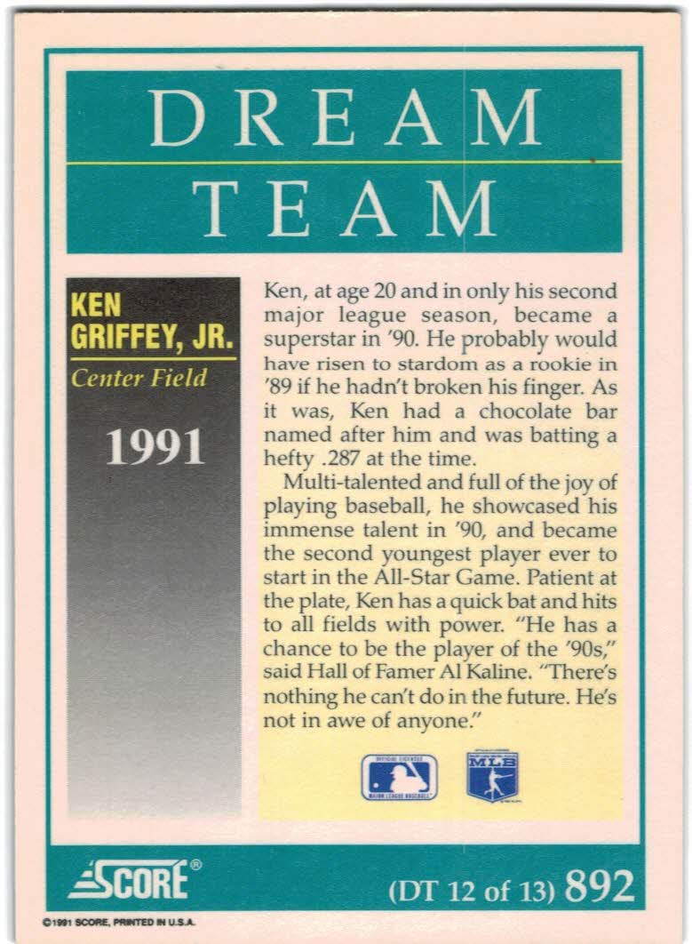 1991 Score #892 Ken Griffey Jr DT back image