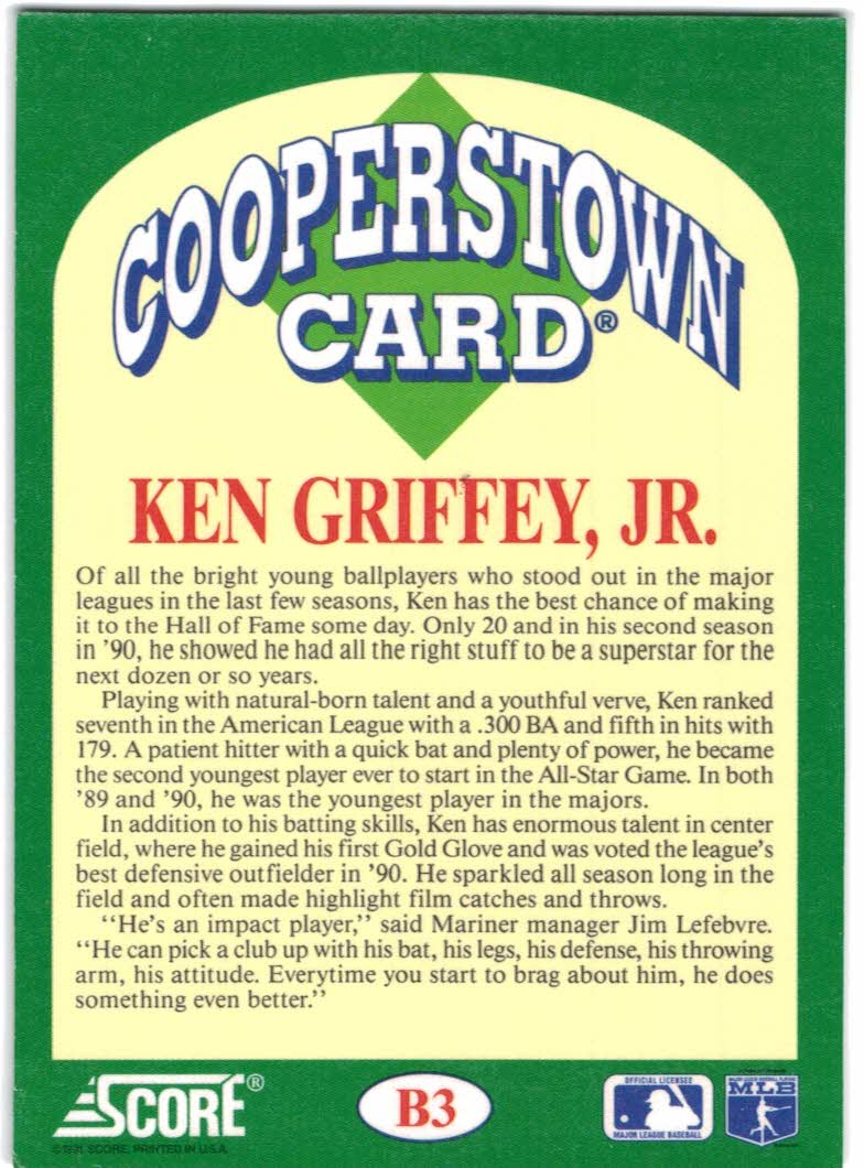 1991 Score Cooperstown #B3 Ken Griffey Jr. back image