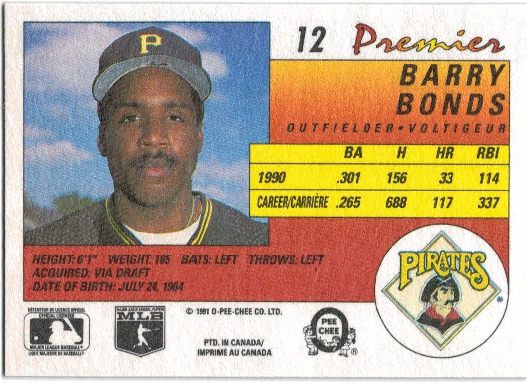 1991 O-Pee-Chee Premier #12 Barry Bonds back image