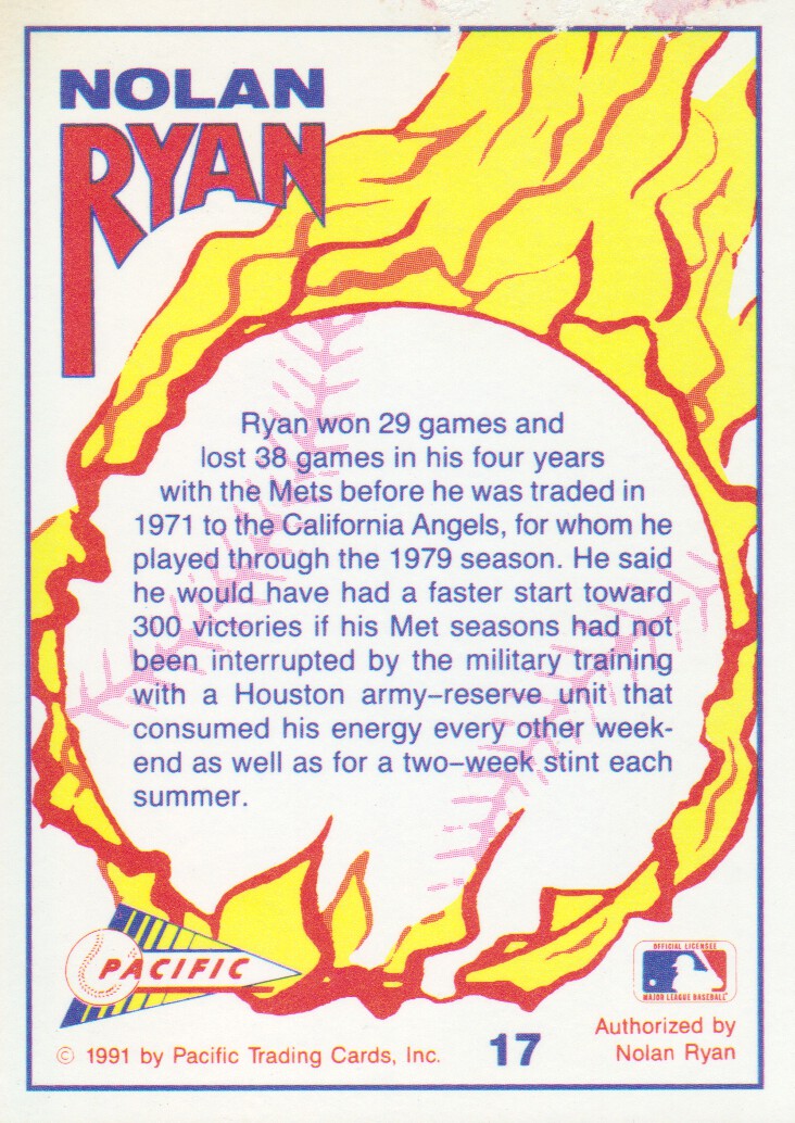 1991 Pacific Ryan Texas Express I #17 Nolan Ryan/Slow Start with Mets back image