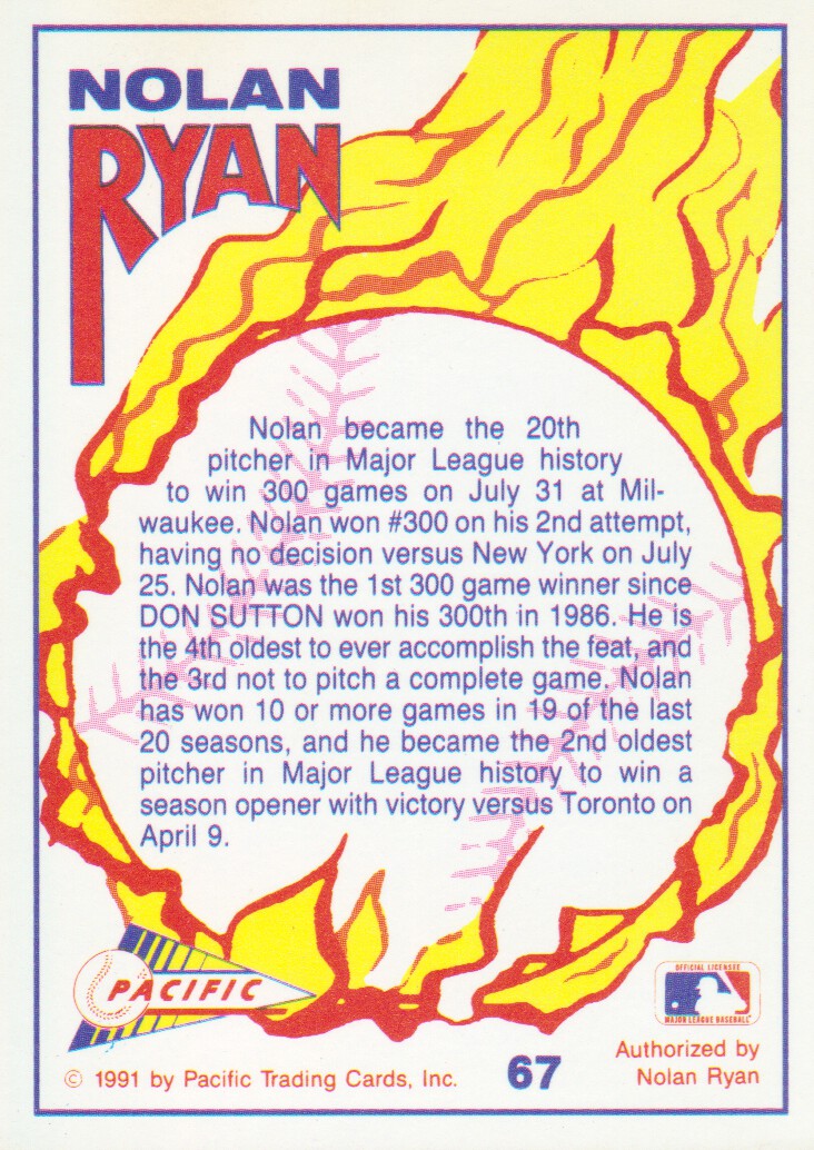 1991 Pacific Ryan Texas Express I #67 Nolan Ryan/20th Pitcher to Win 300/Acknowledging back image