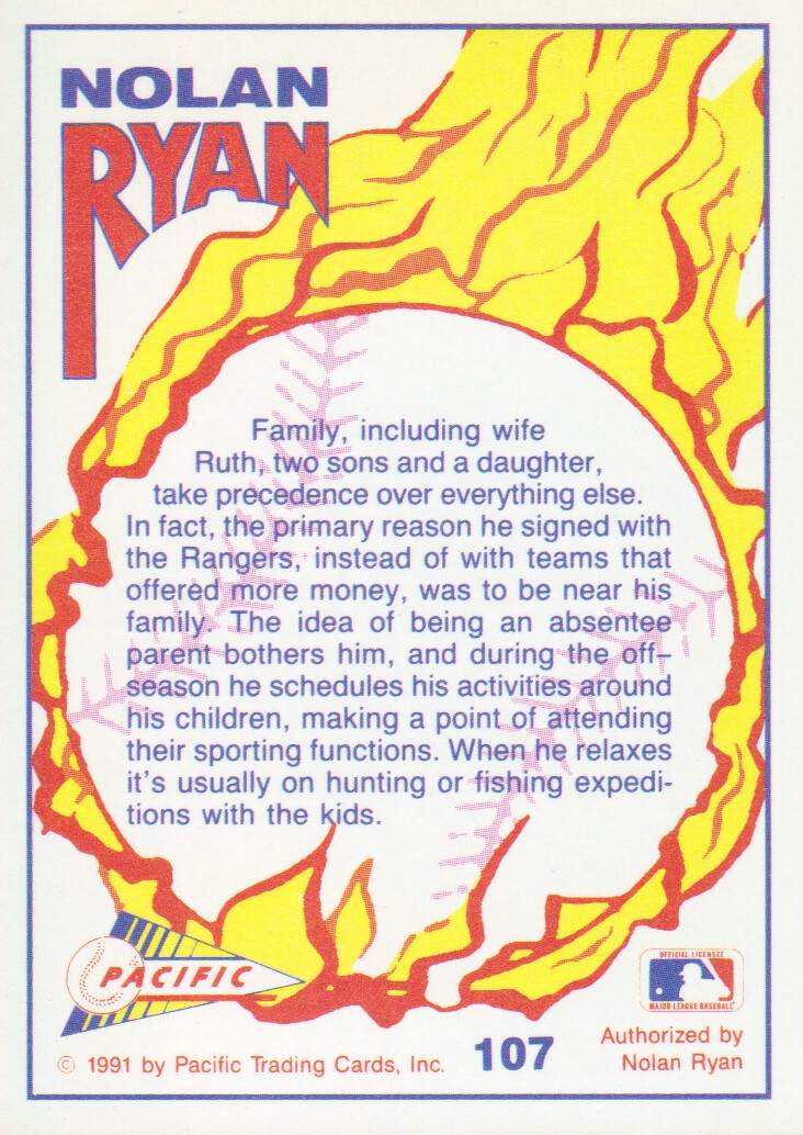 1991 Pacific Ryan Texas Express I #107 Nolan Ryan/The Ryan Family back image