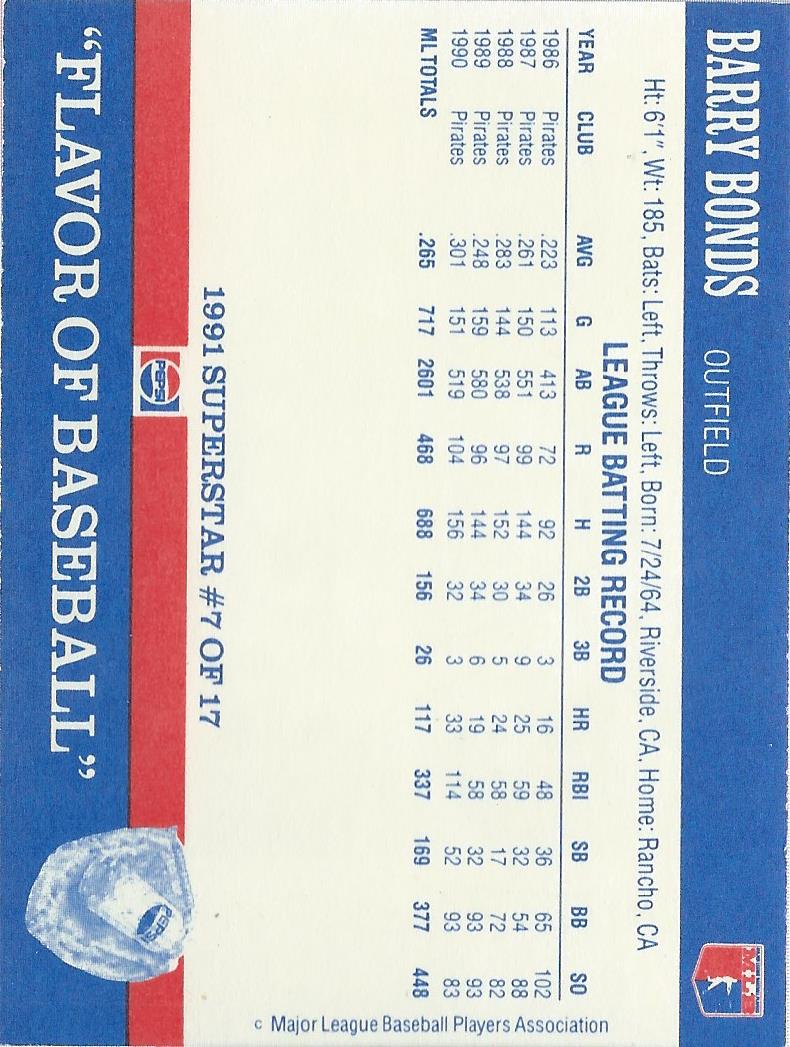 1991 Pepsi Superstar #7 Barry Bonds back image