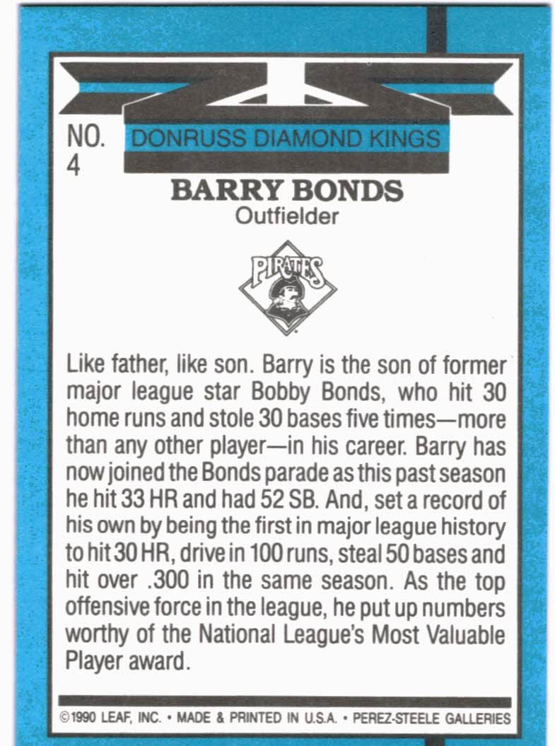 1991 Donruss #4 Barry Bonds DK back image
