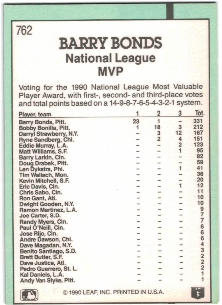 1991 Donruss #762 Barry Bonds MVP back image