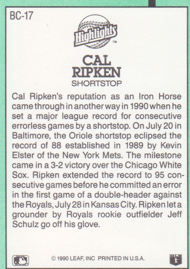 1991 Donruss Bonus Cards #BC17 Cal Ripken back image