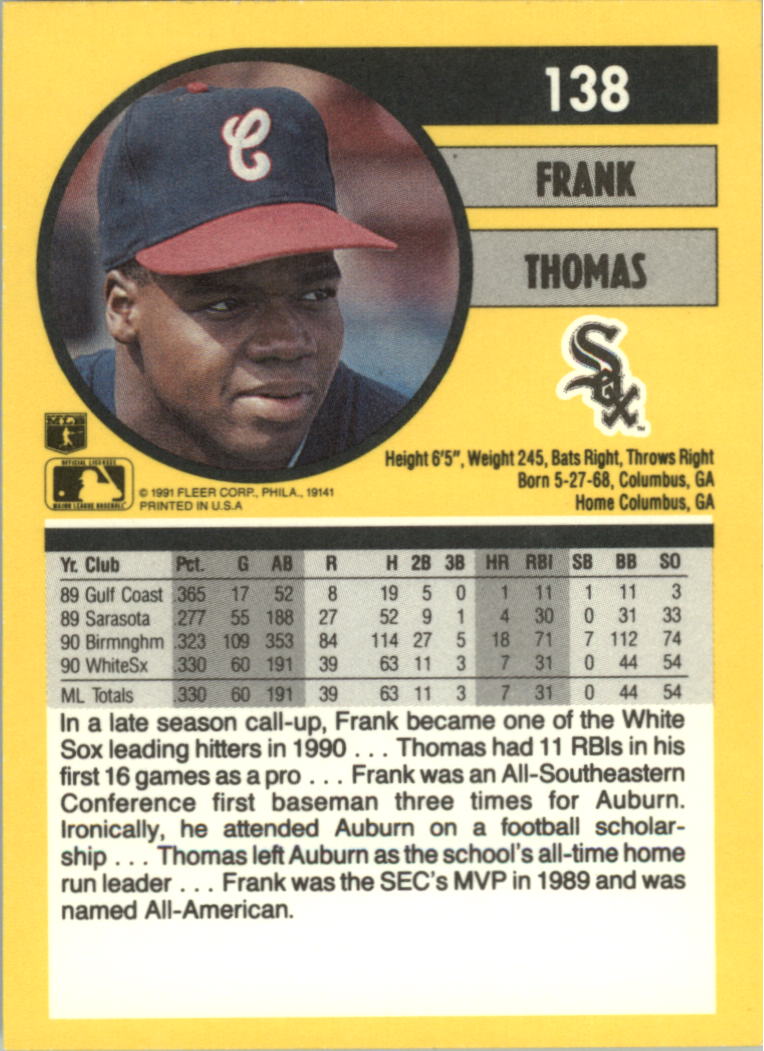 1991 Fleer #138 Frank Thomas back image