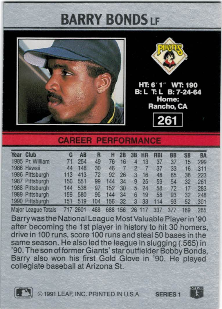 1991 Leaf #261 Barry Bonds back image