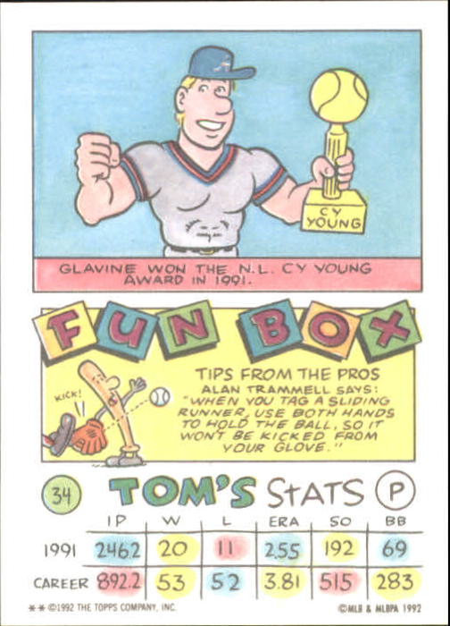 1992 Topps Kids #34 Tom Glavine back image