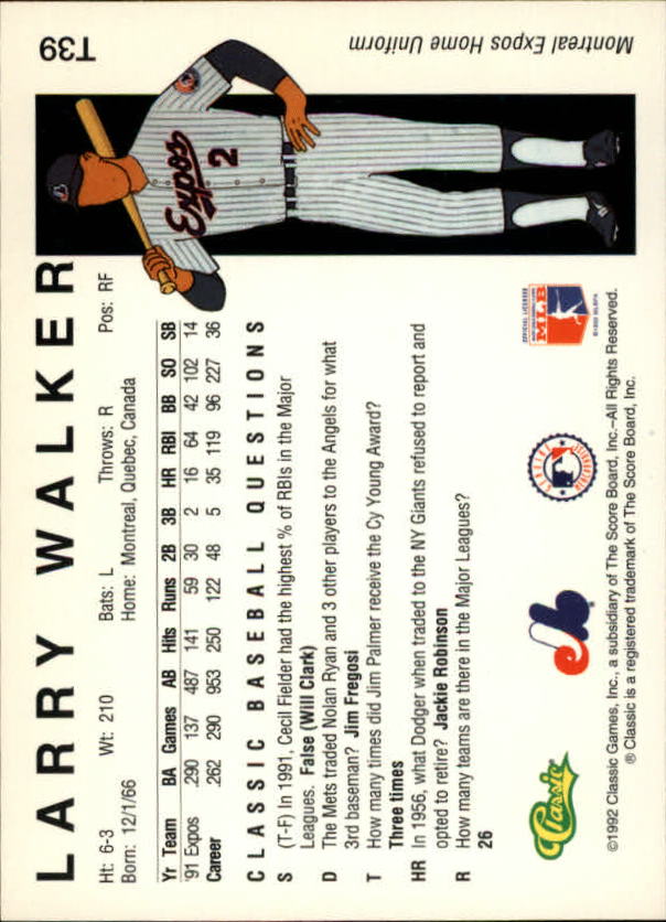 1992 Classic II #T39 Larry Walker back image